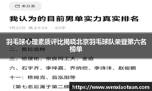 羽毛球心理素质评比揭晓北京羽毛球队荣登第六名榜单