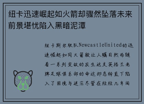 纽卡迅速崛起如火箭却骤然坠落未来前景堪忧陷入黑暗泥潭